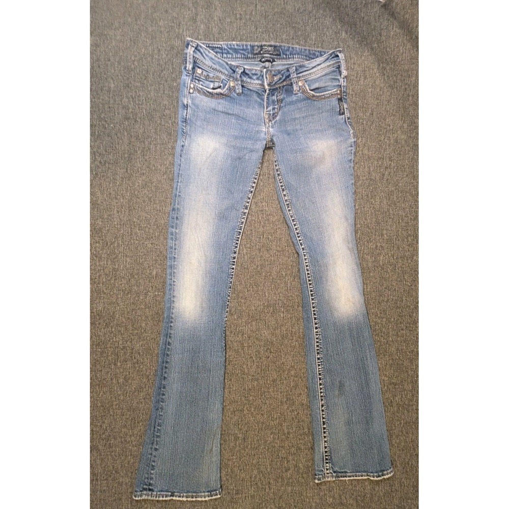 Silver Pioneer Jeans Denim W27 L33 Distressed Medium Wash Blue Flare Embellished